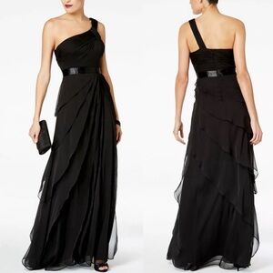 Adrianna Papell One-Shoulder Tiered Chiffon Gown Black Size 4